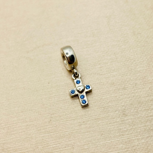 EUC Pandora 790355CZB Sterling Silver Cross Dangle Charm w/ Blue Zirconia - Picture 5 of 8
